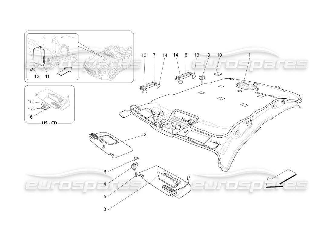 maserati qtp. (2007) 4.2 auto diagramma delle parti del tetto e delle alette parasole
