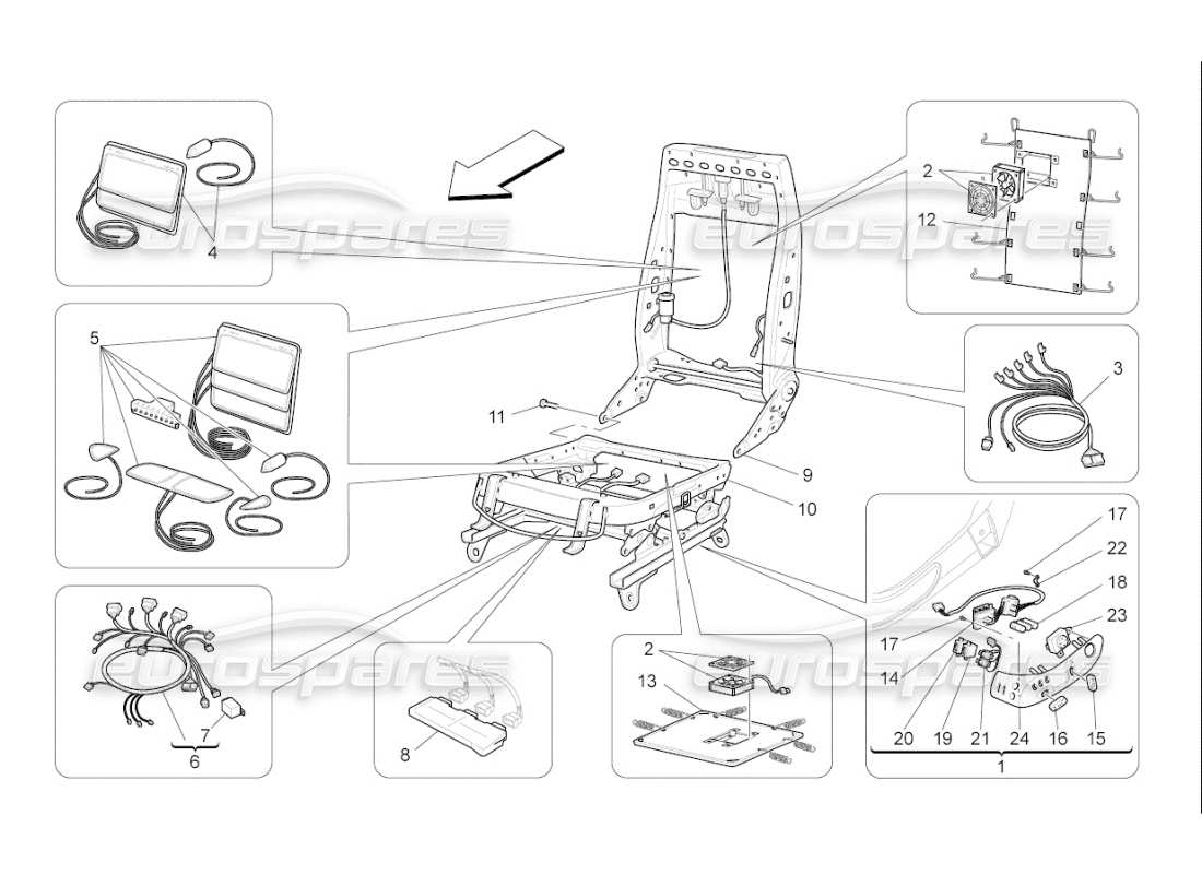 maserati qtp. (2009) 4.7 auto sedili anteriori: diagramma delle parti meccaniche ed elettroniche