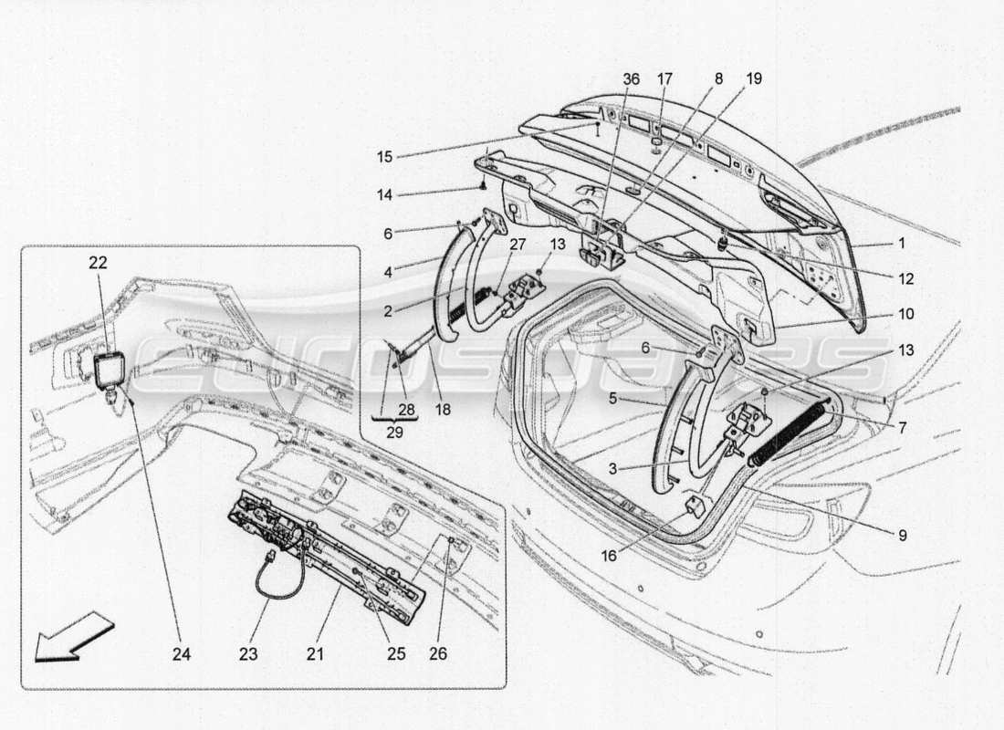 maserati qtp. v8 3.8 530bhp auto 2015 schema delle parti del coperchio posteriore