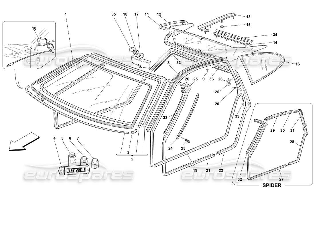 ferrari 355 (2.7 motronic) diagramma delle parti di vetri e guarnizioni