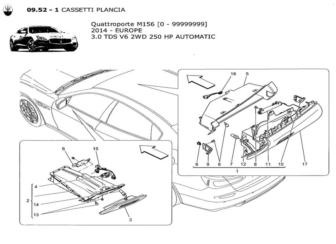 maserati qtp. v6 3.0 tds 250bhp 2014 diagramma delle parti dei vani portaoggetti