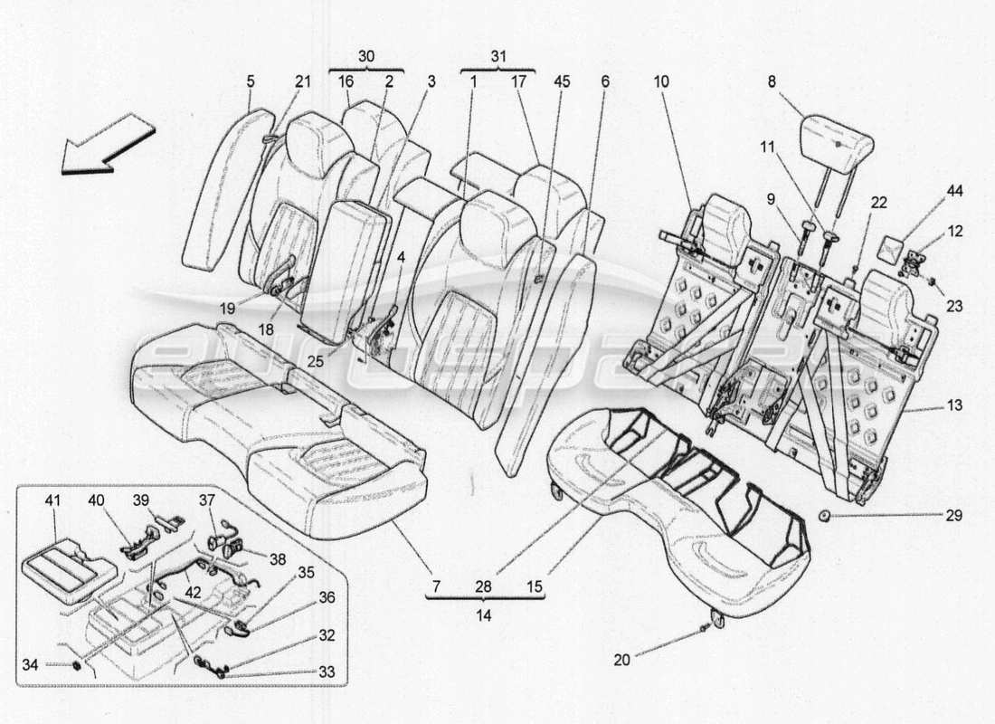 maserati qtp. v8 3.8 530bhp 2014 auto sedili posteriori: schema delle parti dei pannelli di rivestimento