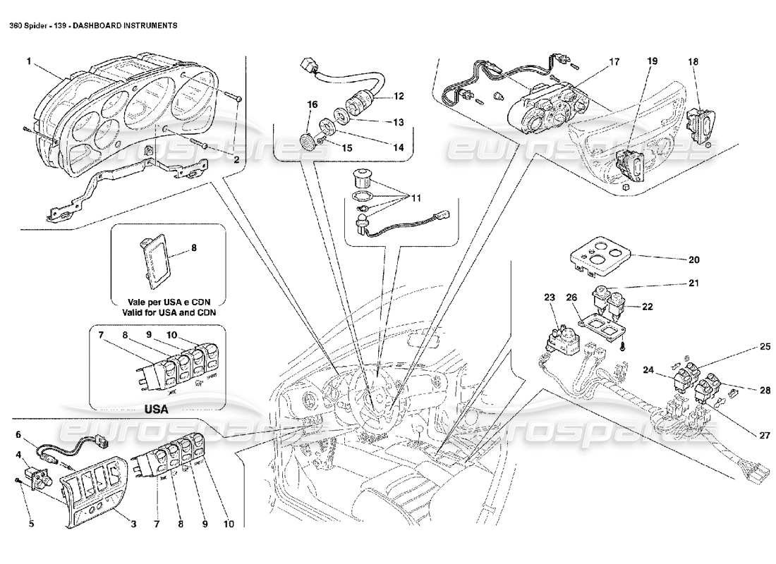 ferrari 360 spider diagramma delle parti degli strumenti del cruscotto