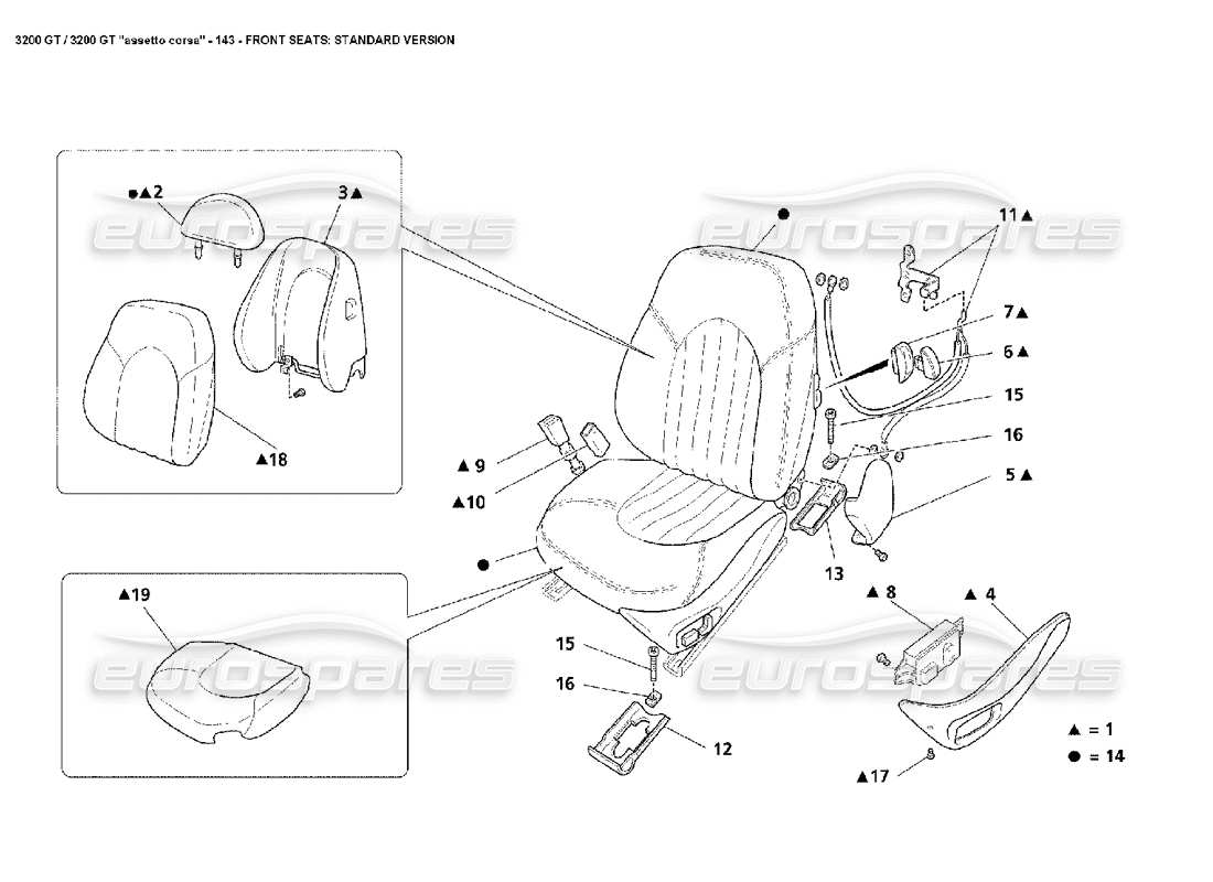 maserati 3200 gt/gta/assetto corsa sedili anteriori: diagramma delle parti della versione standard