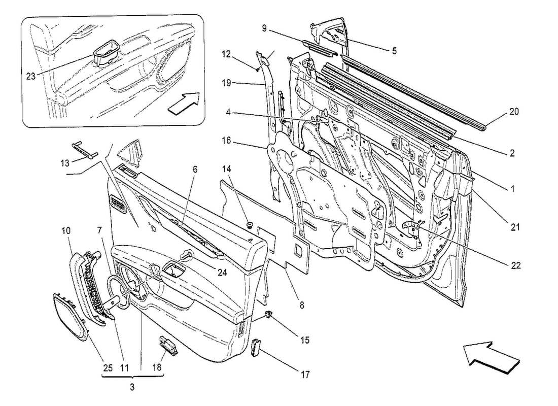 maserati qtp. v8 3.8 530bhp 2014 porte anteriori: diagramma delle parti dei pannelli di rivestimento