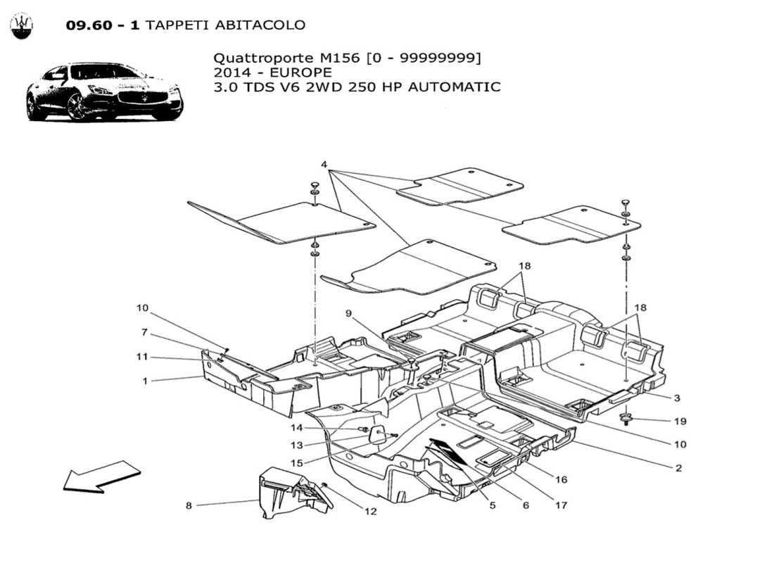 maserati qtp. v6 3.0 tds 250bhp 2014 tappeti abitacolo passeggero schema delle parti