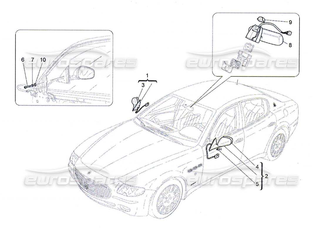 maserati qtp. (2010) 4.7 schema delle parti degli specchietti retrovisori interni ed esterni