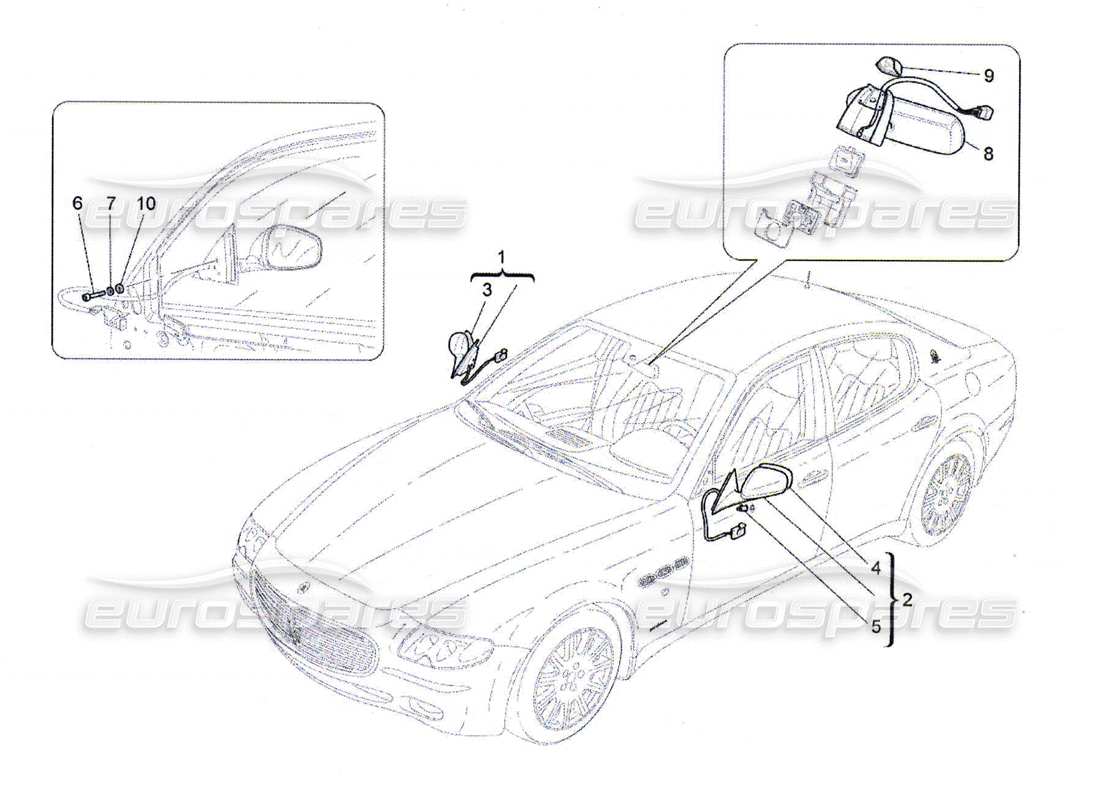 maserati qtp. (2010) 4.7 schema delle parti degli specchietti retrovisori interni ed esterni