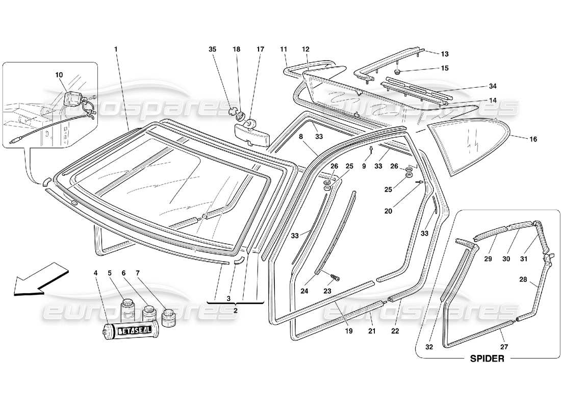 ferrari 355 (5.2 motronic) vetri e guarnizioni diagramma delle parti