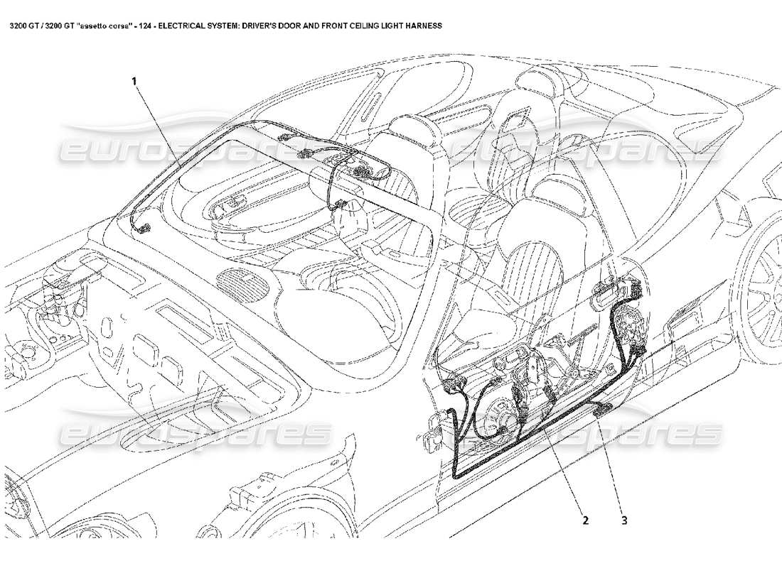 maserati 3200 gt/gta/assetto corsa elettrico: diagramma delle parti del cablaggio della portiera del conducente e della plafoniera anteriore