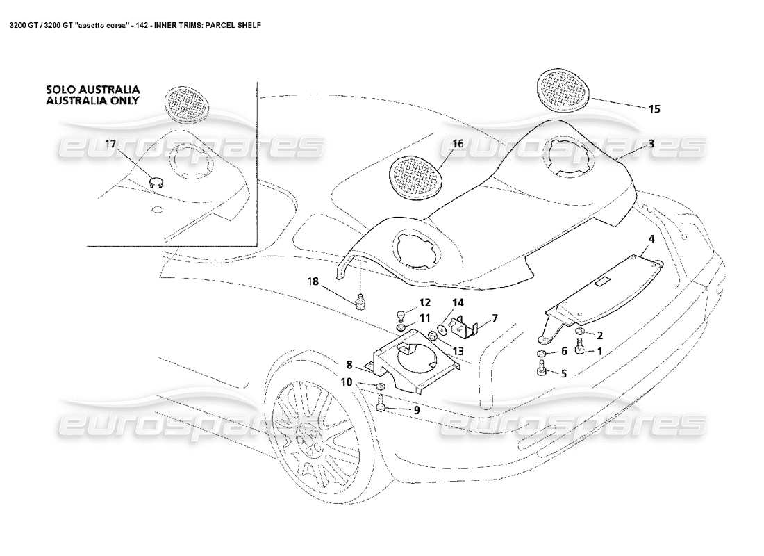 maserati 3200 gt/gta/assetto corsa rifiniture interne: diagramma delle parti dello scaffale per pacchi