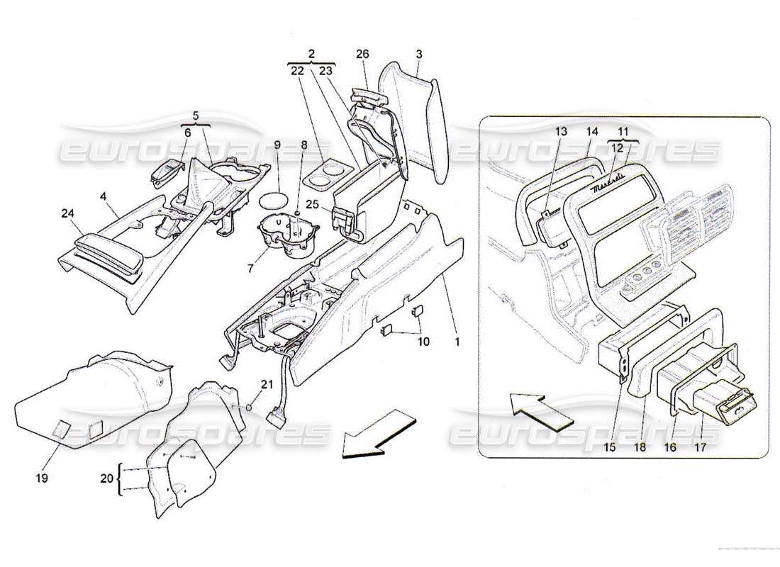 maserati qtp. (2010) 4.2 schema delle parti della console accessoria e della console centrale