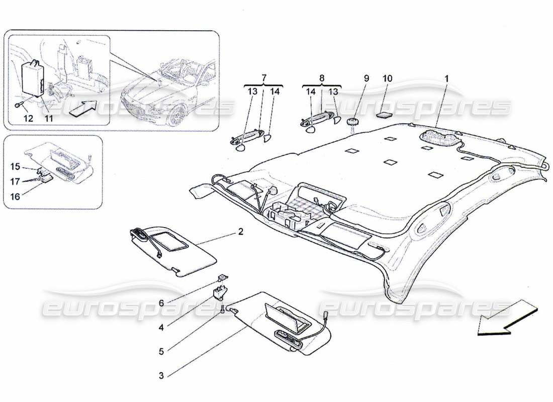 maserati qtp. (2010) 4.7 diagramma delle parti del tetto e delle alette parasole