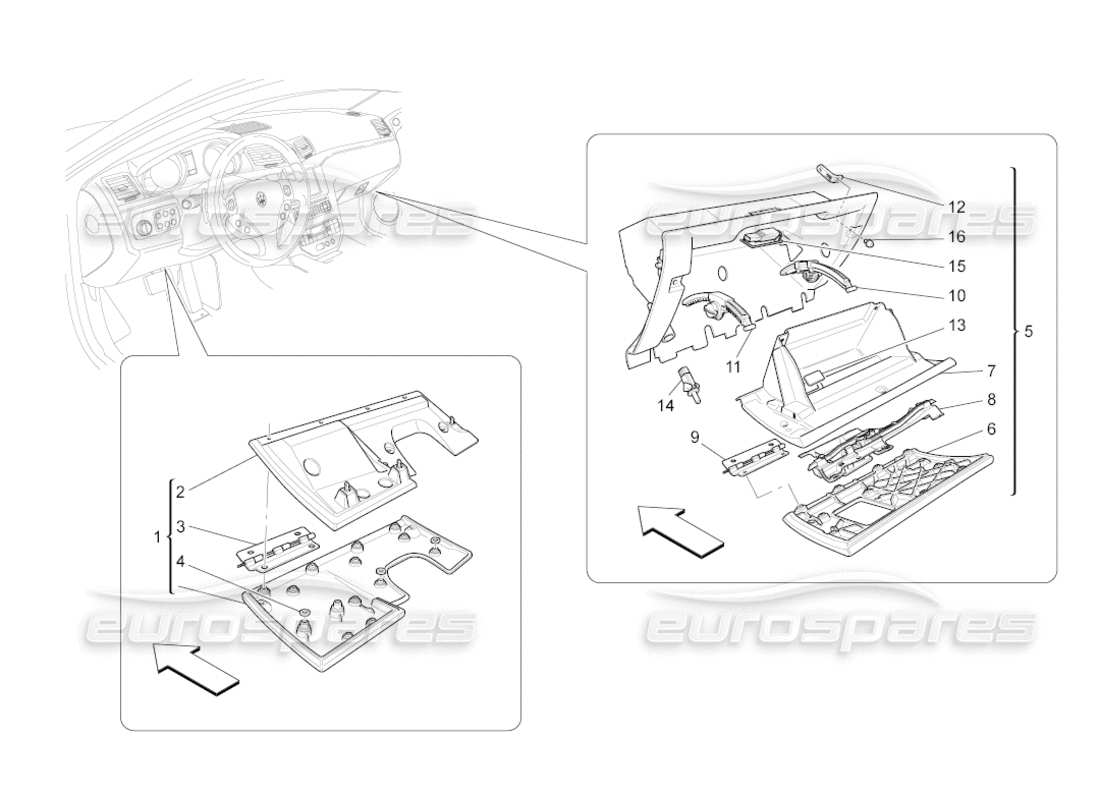 maserati grancabrio (2011) 4.7 diagramma delle parti dei vani portaoggetti
