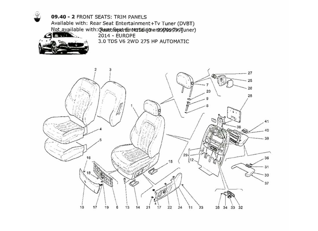 maserati qtp. v6 3.0 tds 275bhp 2014 sedili anteriori: schema delle parti dei pannelli di rivestimento