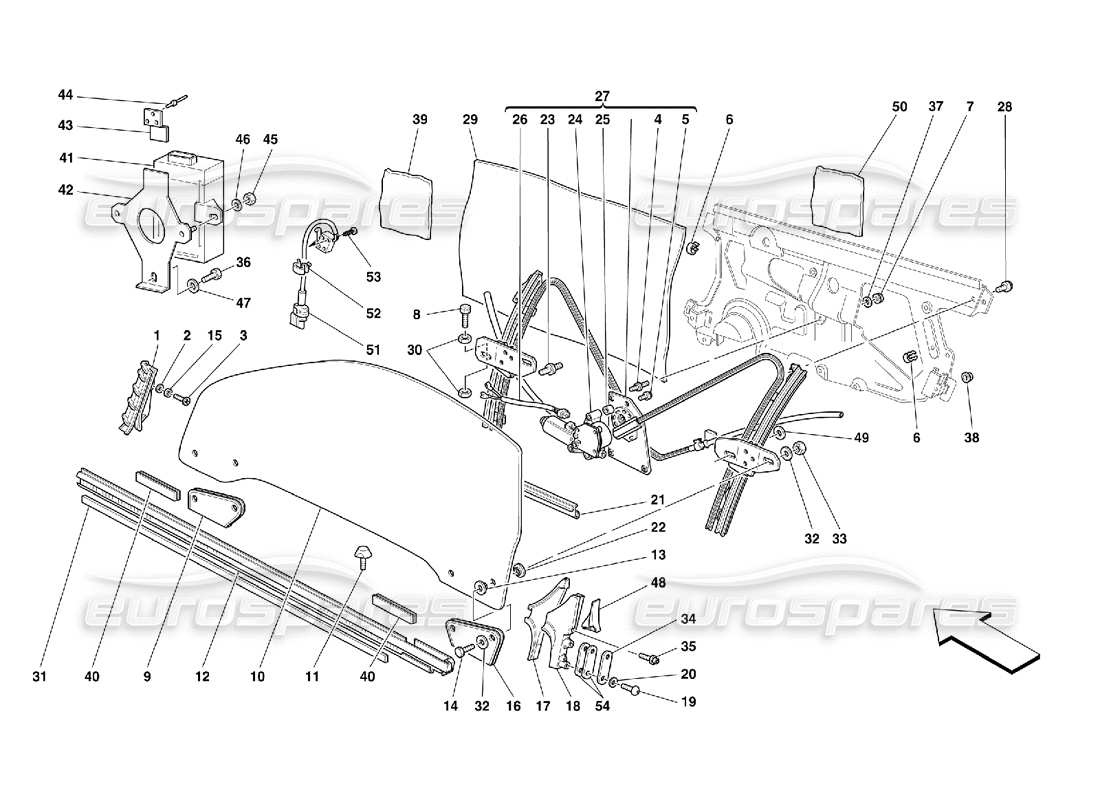 ferrari 355 (5.2 motronic) porte: diagramma delle parti del dispositivo di sollevamento del vetro