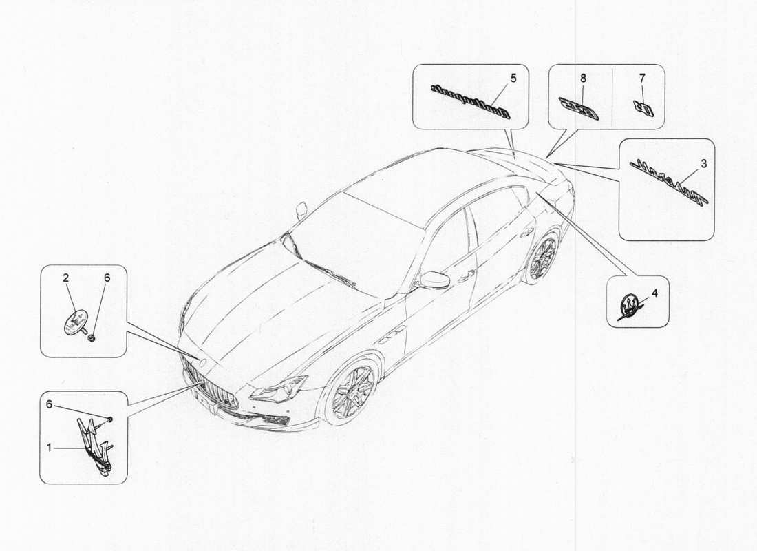 maserati qtp. v6 3.0 bt 410bhp 2015 diagramma delle parti di finiture, marchi e simboli