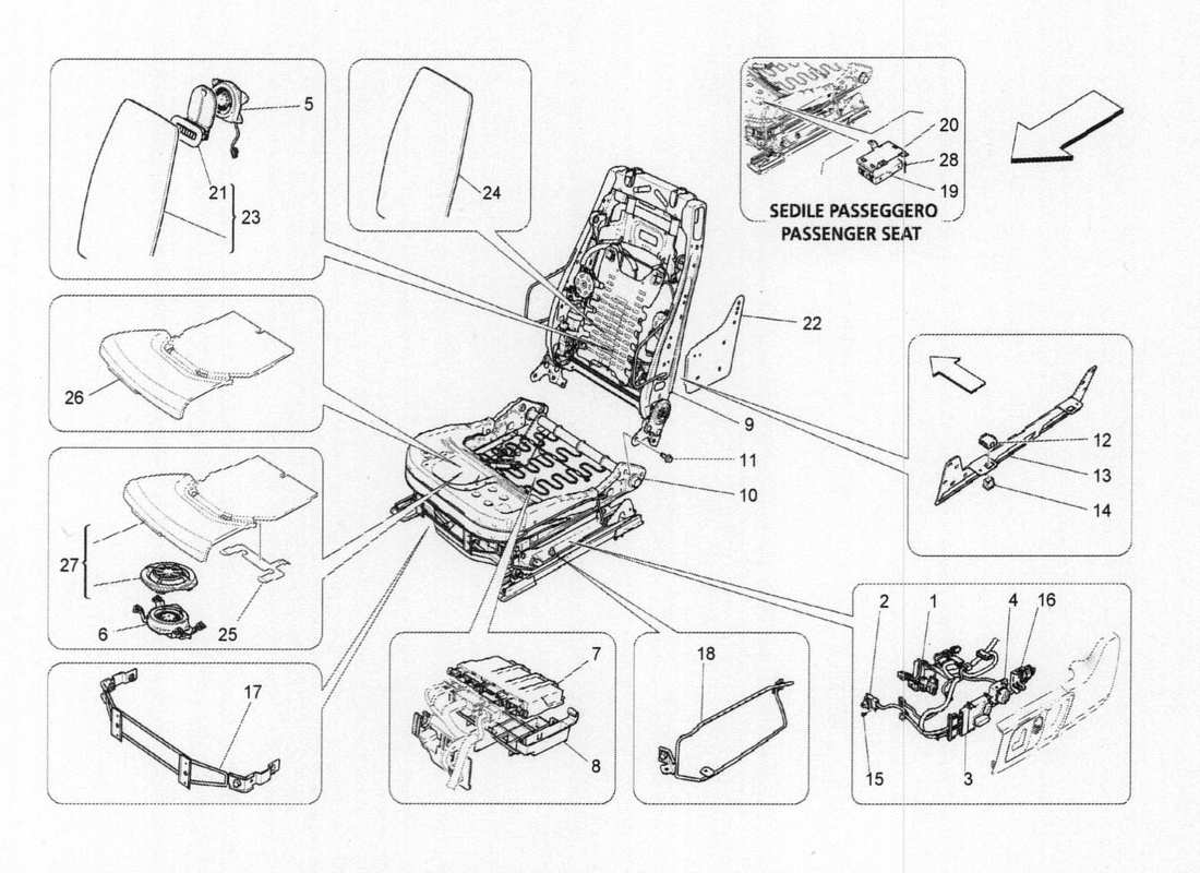 maserati qtp. v6 3.0 bt 410bhp 2015 schema delle parti dell'elettronica del sedile anteriore