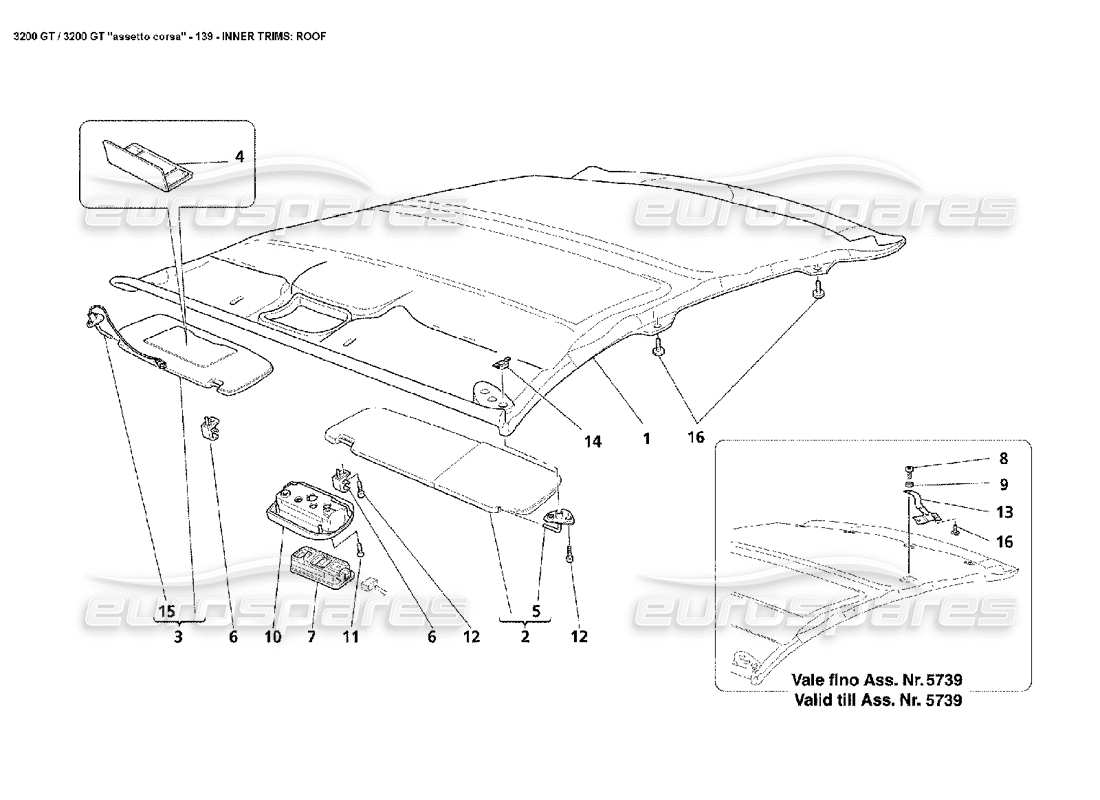 maserati 3200 gt/gta/assetto corsa rifiniture interne: diagramma delle parti del tetto