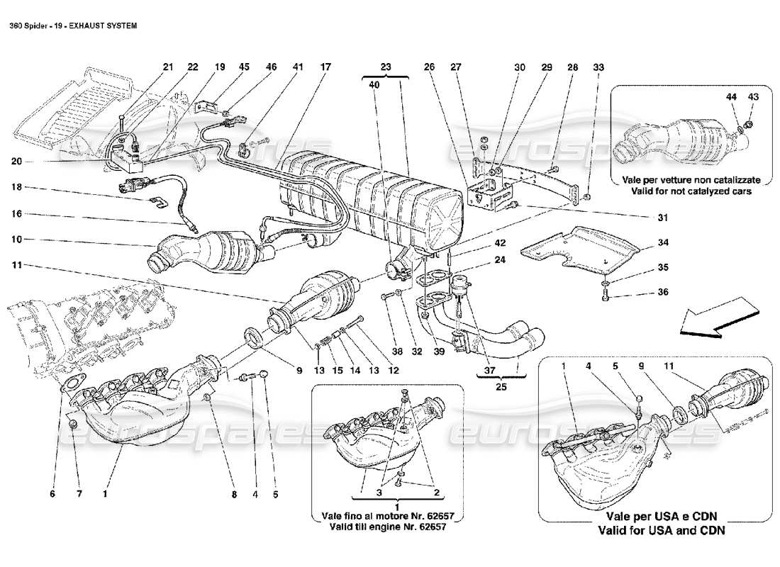 ferrari 360 spider diagramma delle parti del sistema di scarico