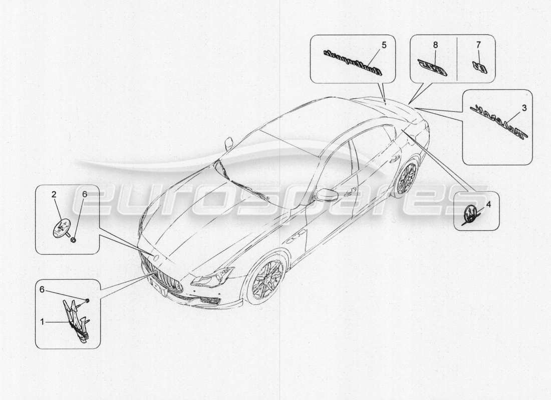 maserati qtp. v8 3.8 530bhp 2014 auto diagramma delle parti di finiture, marchi e simboli