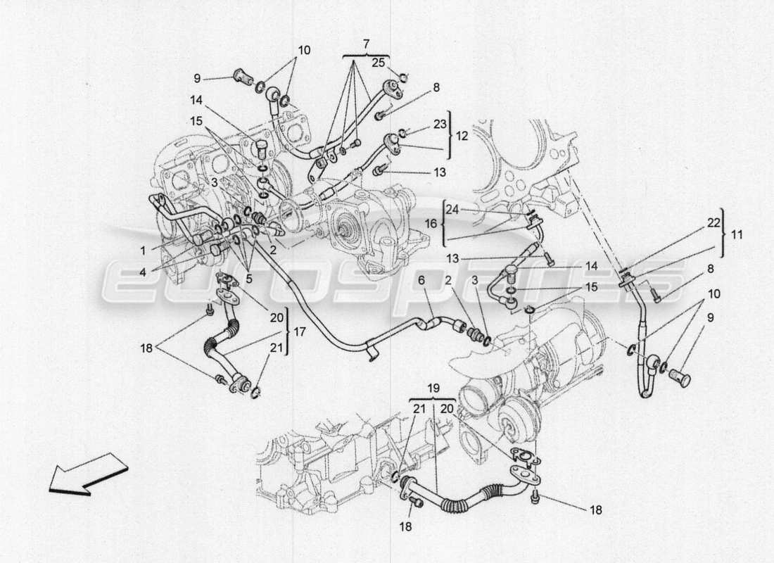 maserati qtp. v8 3.8 530bhp 2014 auto sistema turbocompressore: lubrificazione e raffreddamento schema delle parti