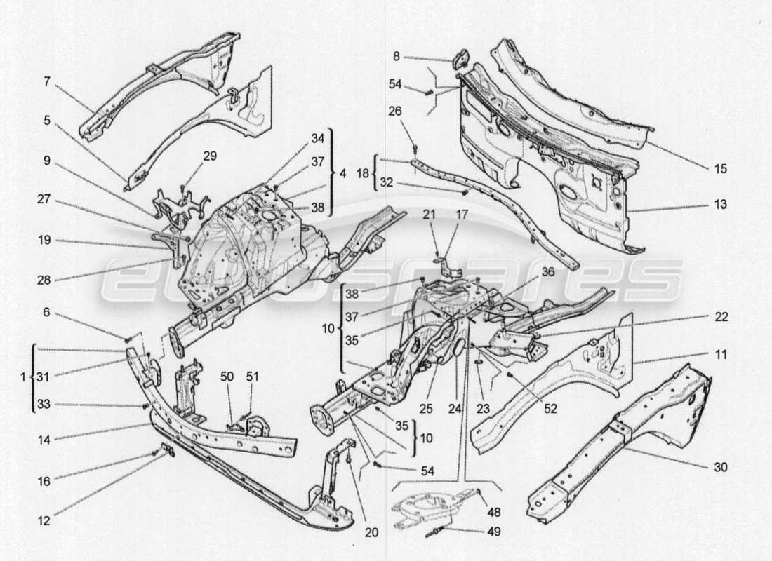 maserati qtp. v8 3.8 530bhp 2014 auto schema delle parti dei telai strutturali anteriori e dei pannelli in lamiera