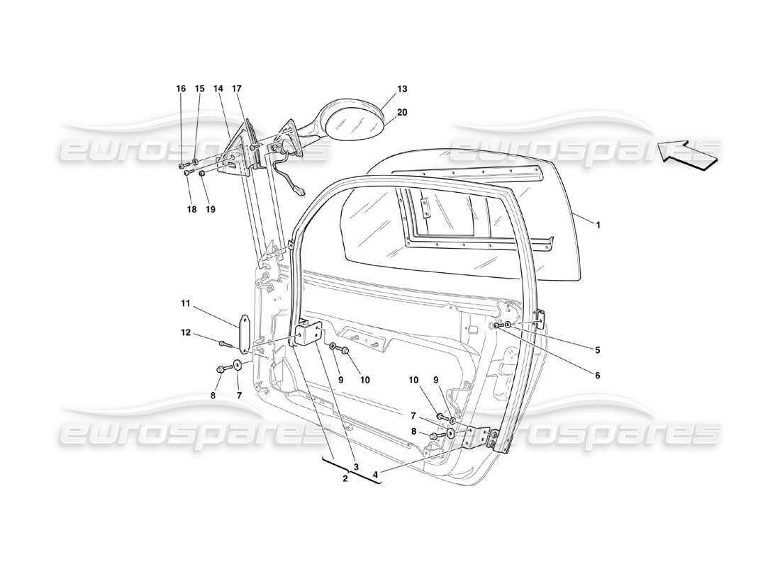 ferrari 360 challenge (2000) porte: diagramma delle parti del finestrino e dello specchietto retrovisore