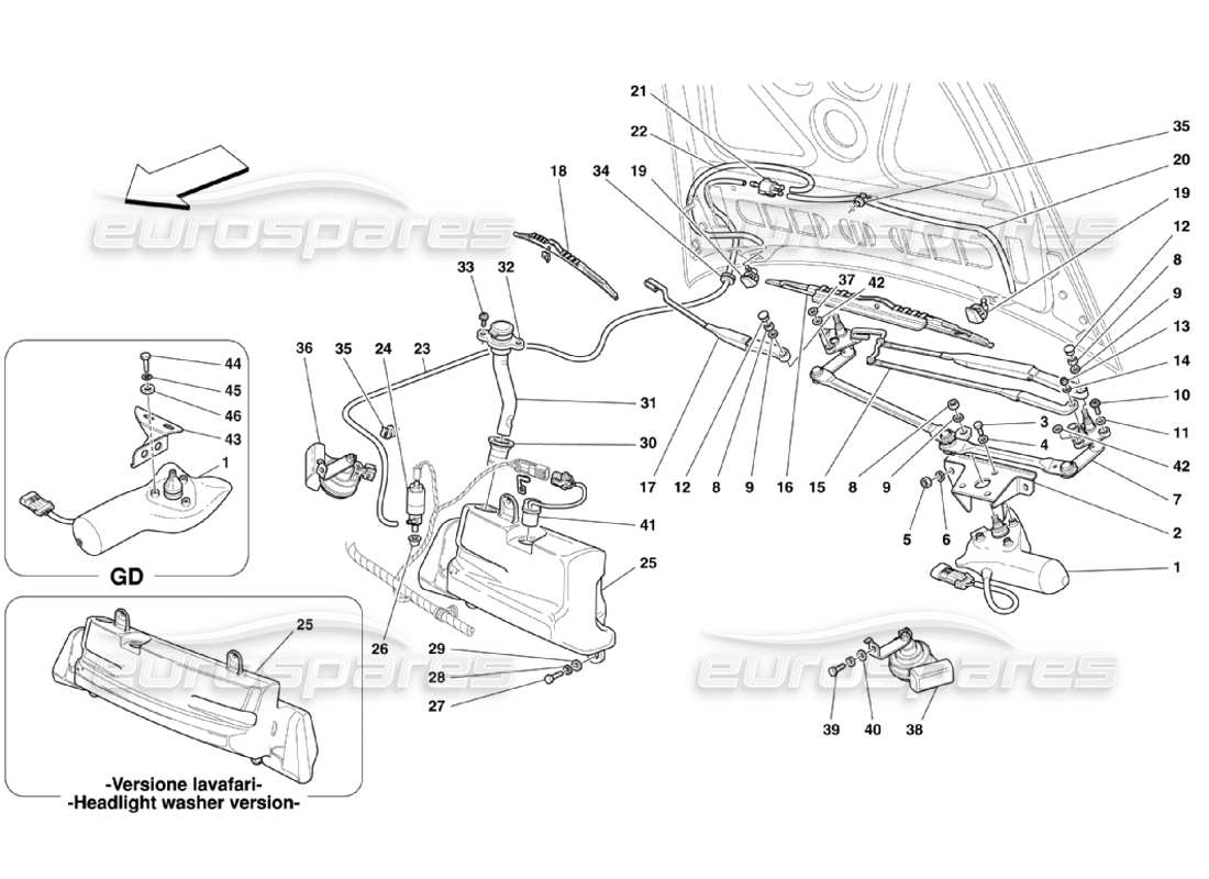 ferrari 360 challenge stradale schema delle parti di parabrezza, rondella e avvisatori acustici