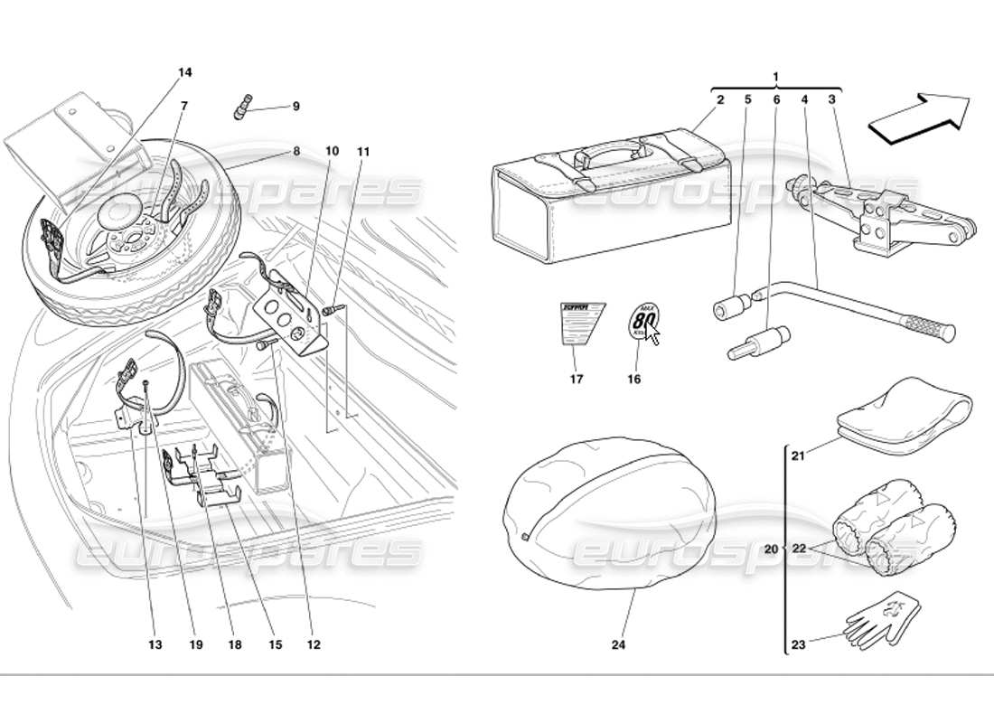 ferrari 360 modena ruota di scorta e attrezzatura diagramma delle parti