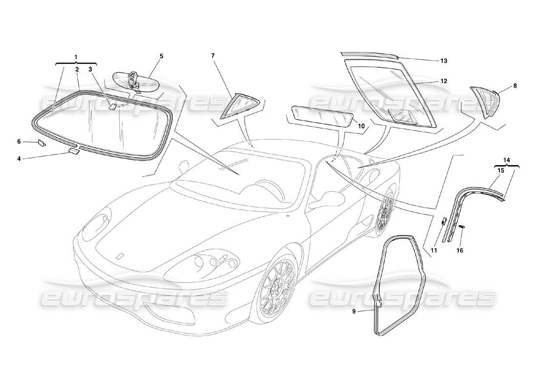 ferrari 360 challenge (2000) vetri e guarnizioni diagramma delle parti