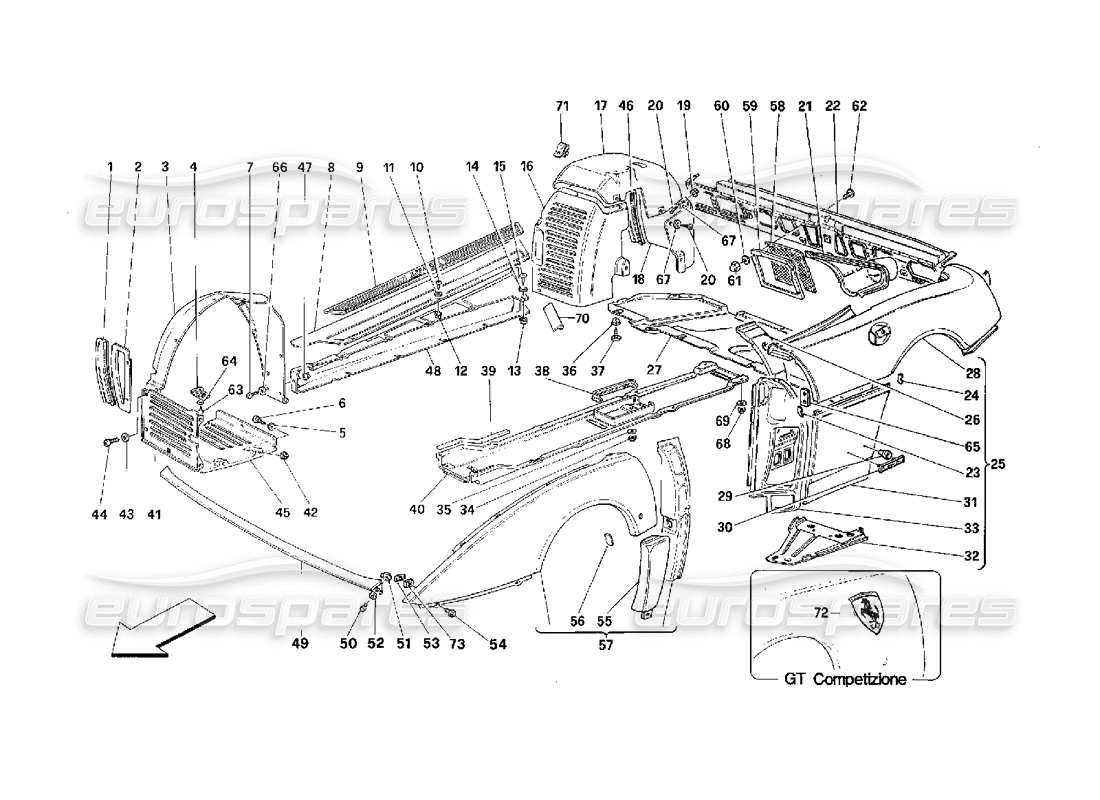 ferrari 348 (2.7 motronic) carrozzeria: diagramma delle parti delle finiture esterne