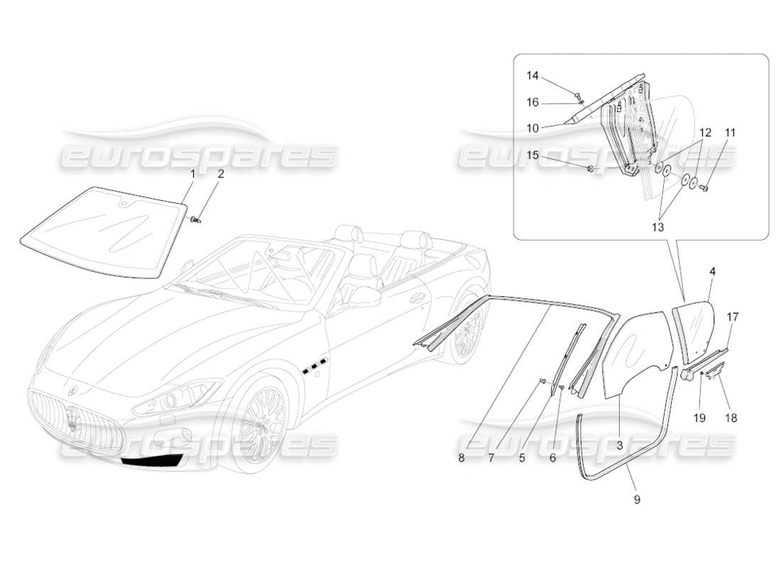 maserati grancabrio (2010) 4.7 diagramma delle parti di finestre e strisce di finestre
