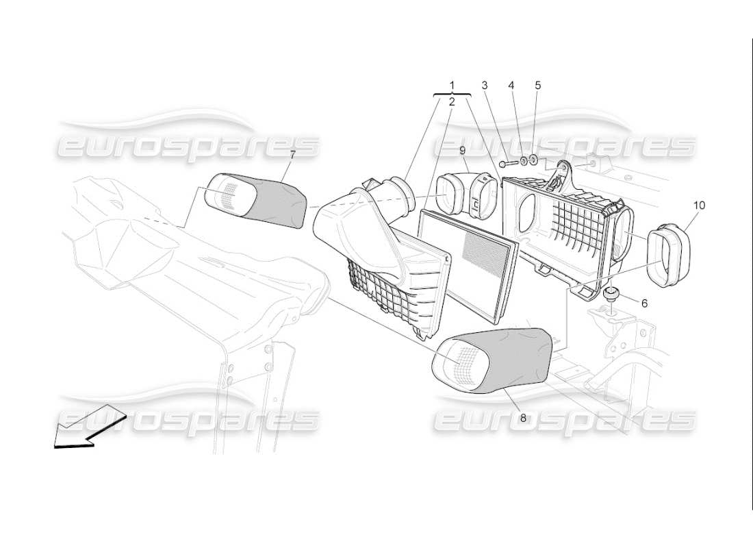 maserati qtp. (2009) 4.7 auto diagramma delle parti del filtro dell'aria, della presa d'aria e dei condotti