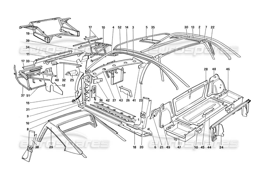 ferrari 328 (1985) schema delle parti della carrozzeria: elementi interni (per versione usa e sa).