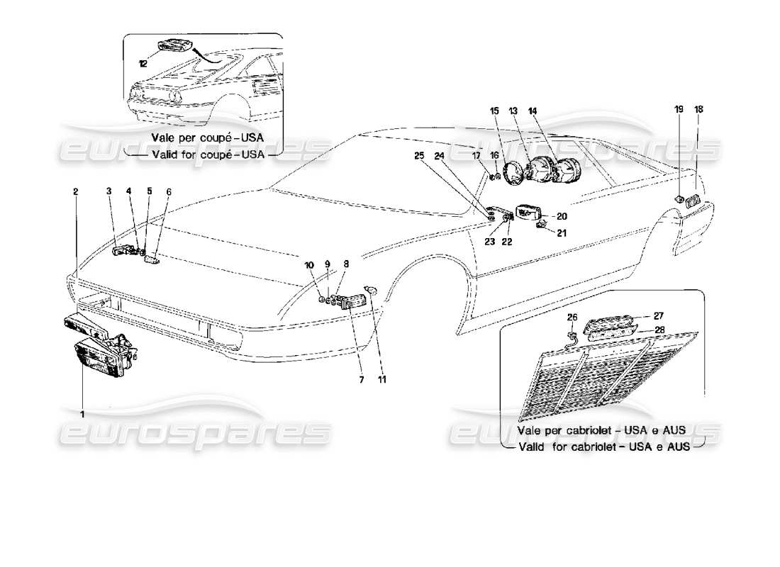 ferrari mondial 3.4 t coupe/cabrio diagramma delle parti dei dispositivi di illuminazione fissi