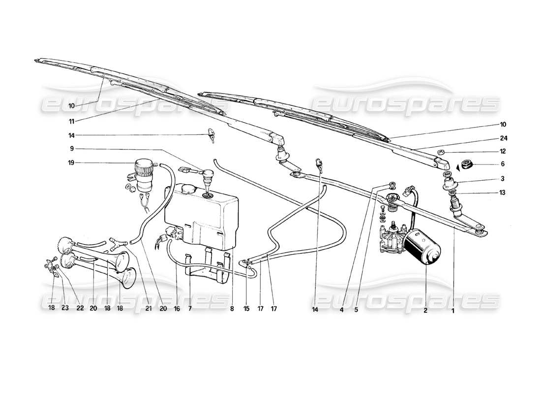 ferrari mondial 8 (1981) tergicristallo, rondella e avvisatore acustico diagramma delle parti