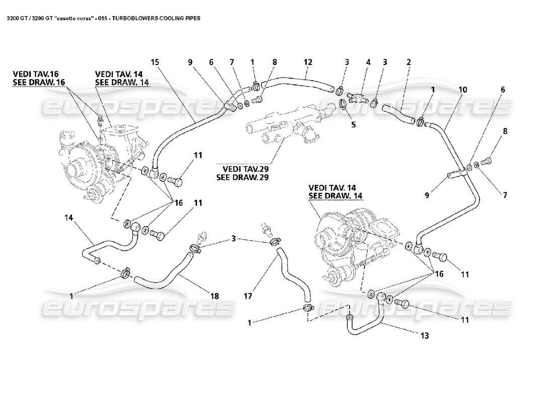 maserati 3200 gt/gta/assetto corsa diagramma delle parti dei tubi di raffreddamento turbo
