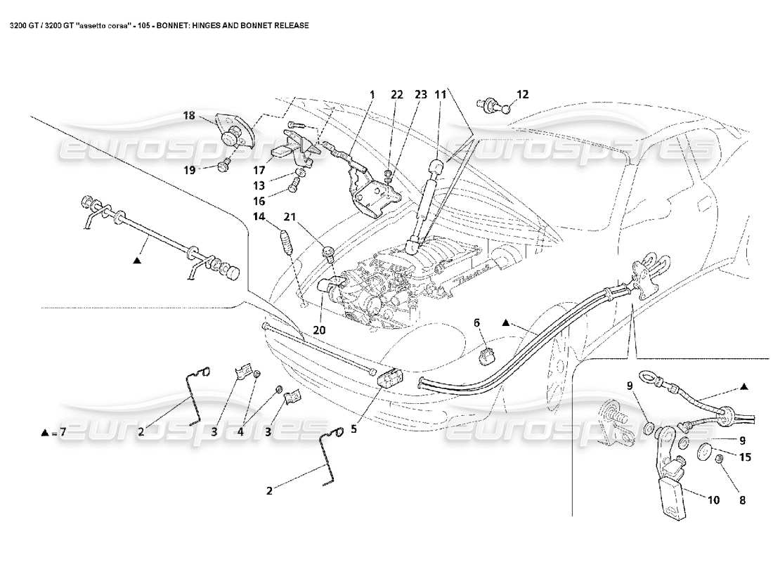 maserati 3200 gt/gta/assetto corsa cofano: diagramma delle cerniere e delle parti di rilascio del cofano