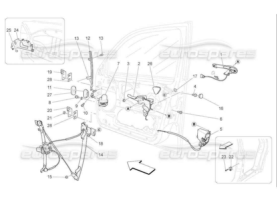 maserati qtp. (2010) 4.7 auto porte anteriori: diagramma delle parti dei meccanismi