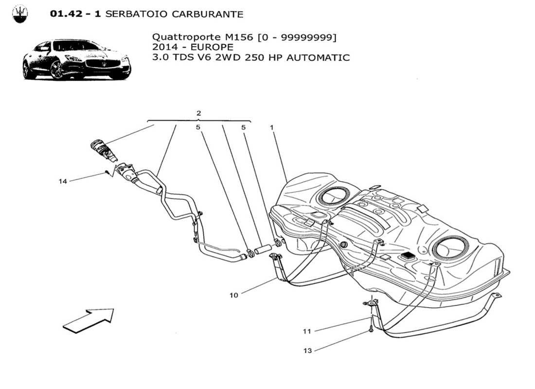 maserati qtp. v6 3.0 tds 250bhp 2014 diagramma delle parti del serbatoio del carburante