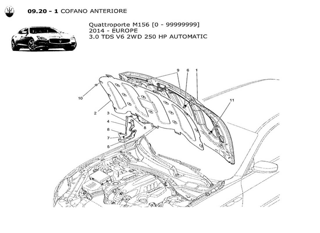 maserati qtp. v6 3.0 tds 250bhp 2014 diagramma delle parti del coperchio anteriore