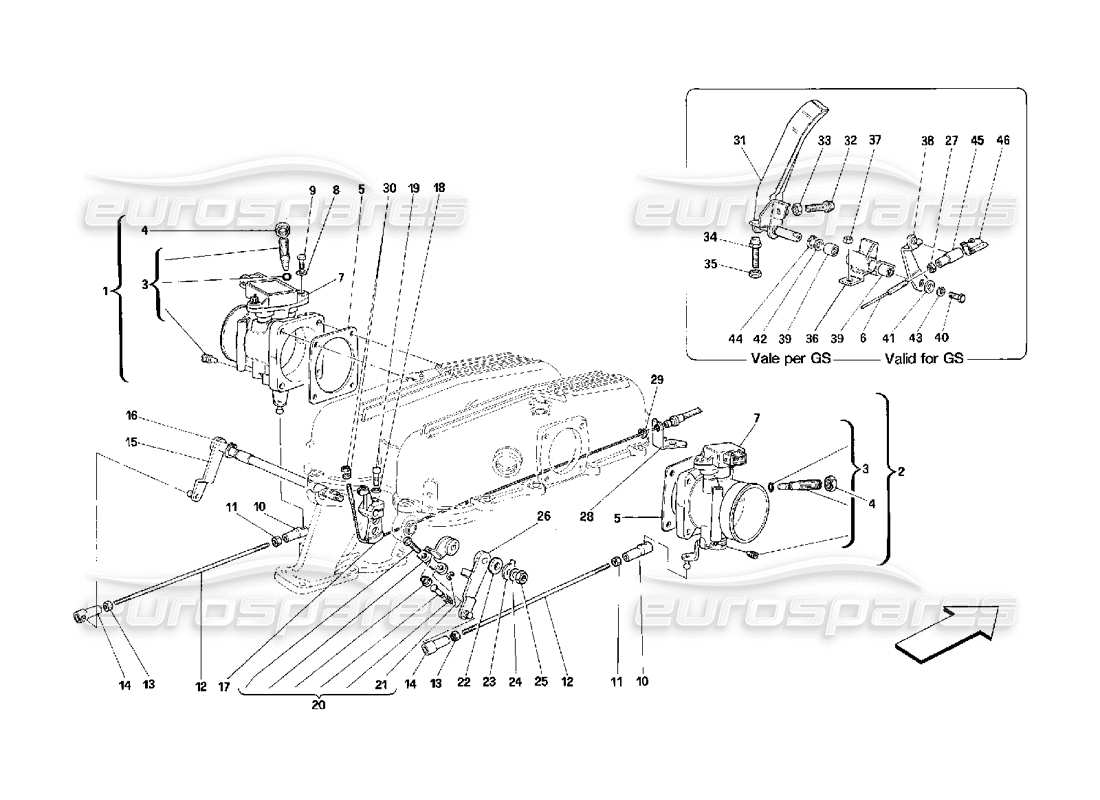 ferrari 348 (2.7 motronic) diagramma delle parti dell'alloggiamento dell'acceleratore e del collegamento