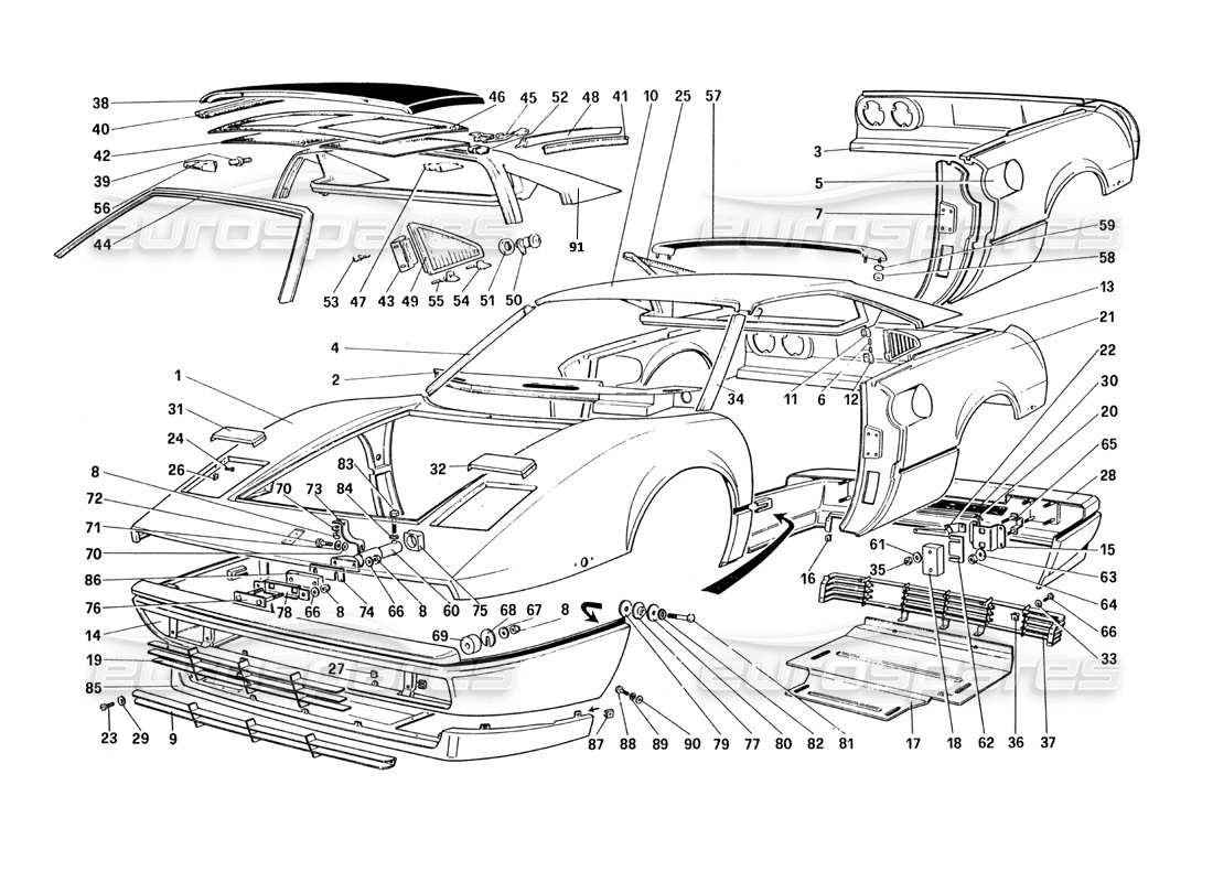 ferrari 328 (1985) schema delle parti della carrozzeria: elementi esterni (per versione usa e sa).