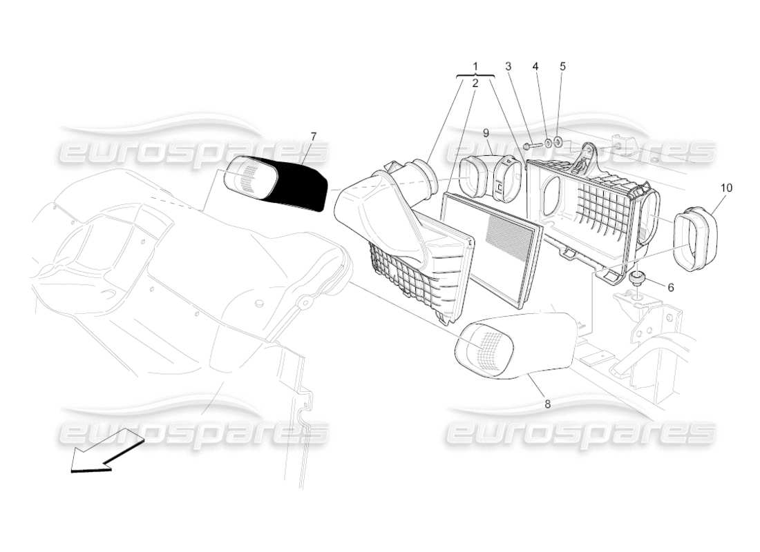 maserati grancabrio (2011) 4.7 diagramma delle parti del filtro dell'aria, della presa d'aria e dei condotti