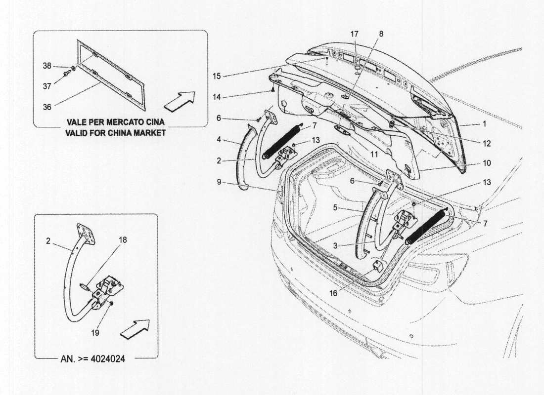 maserati qtp. v6 3.0 bt 410bhp 2wd 2017 coperchio posteriore diagramma delle parti