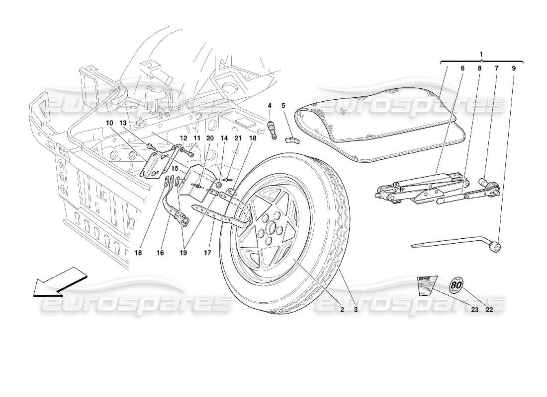ferrari 355 (2.7 motronic) ruota di scorta e attrezzatura -optional- diagramma delle parti
