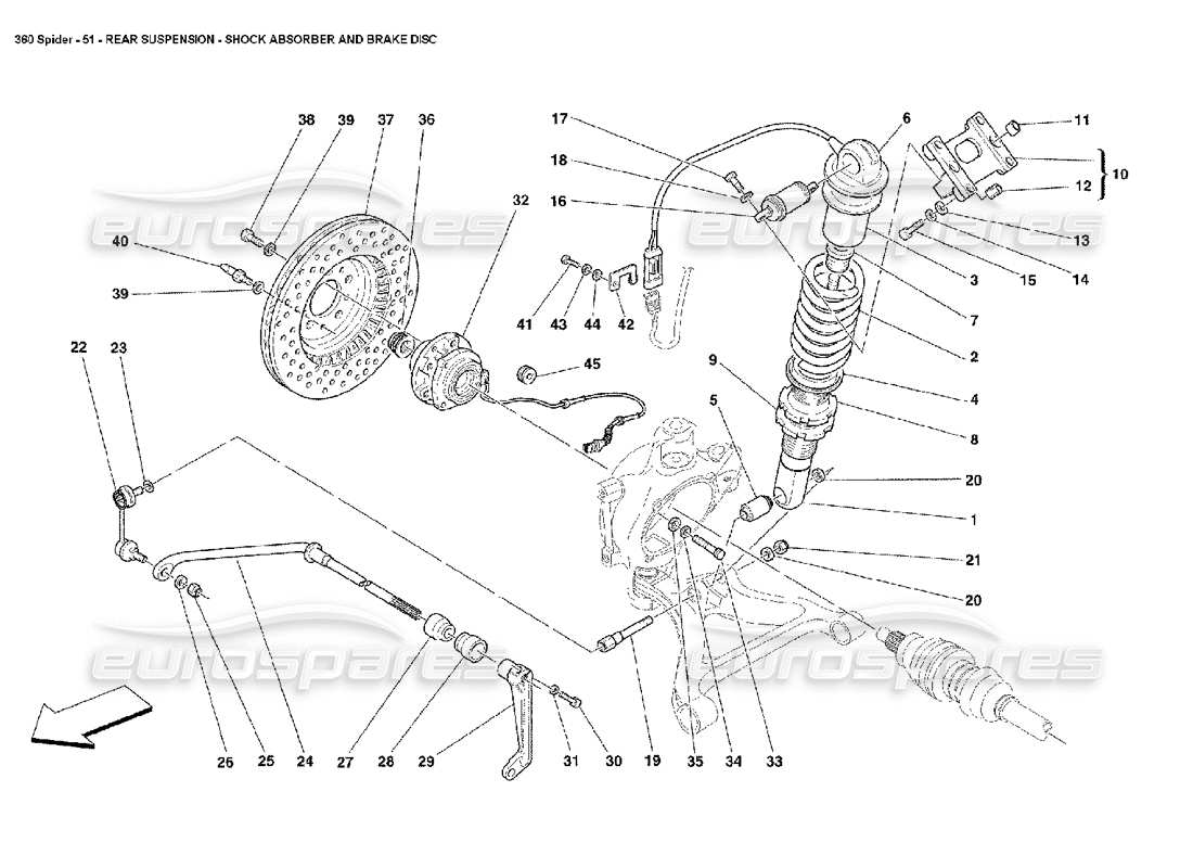 ferrari 360 spider sospensione posteriore - ammortizzatore e disco freno schema parte