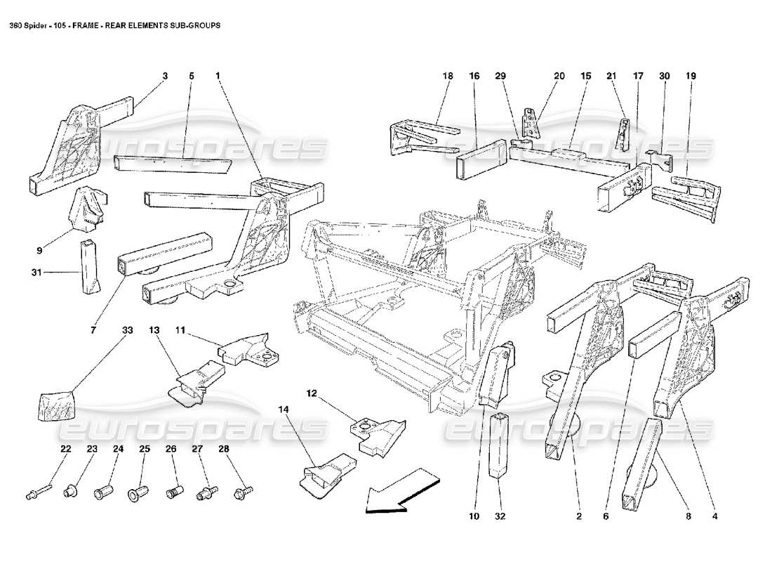 ferrari 360 spider telaio - diagramma delle parti dei sottogruppi degli elementi posteriori