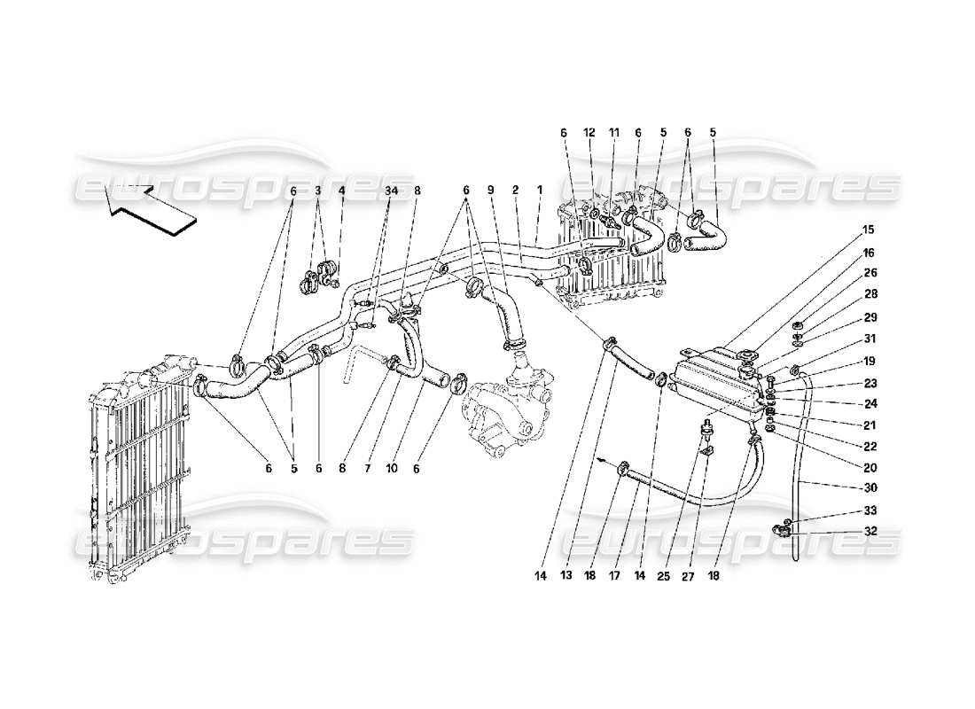 ferrari 348 (2.7 motronic) schema delle parti del sistema di raffreddamento